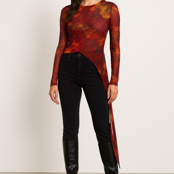 See You Monday LA Sheer Long Sleeve Hi-Low Mesh Top | Fire Print | Size S - Picture 1 of 6
